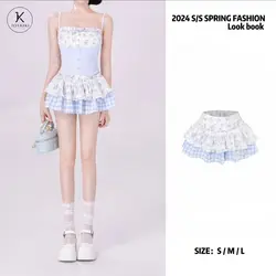 Mini jupe en dentelle taille haute pour femme, volants superposés, patchwork, blanc, mignon, sexy, doux, fille, été, Japon, Y2k, Kawaii