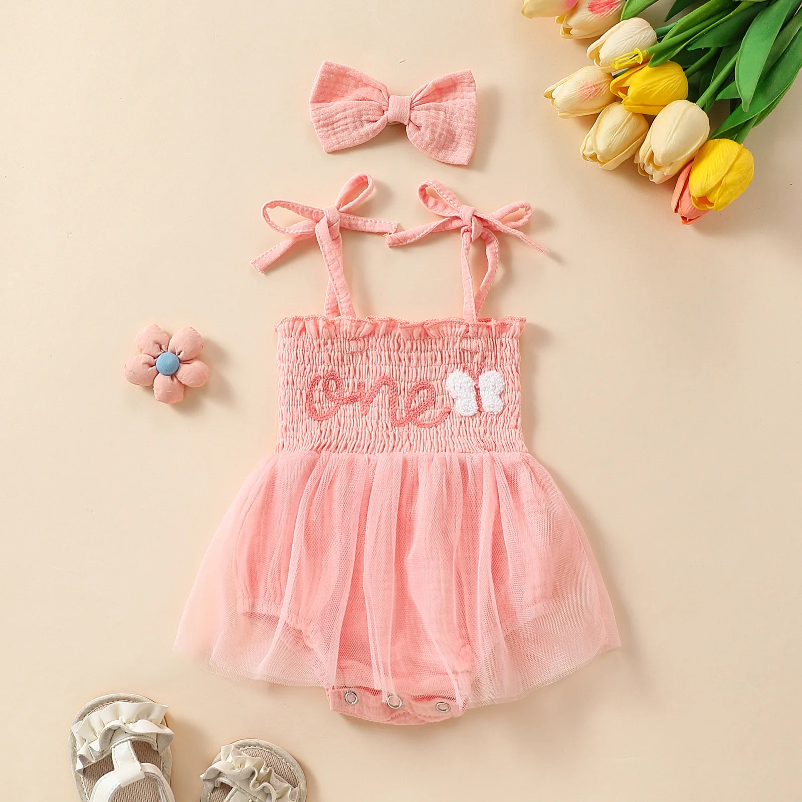 Baby Girl Cute Towel Embroidery Suspender Mesh Dress + Bow Headband Set of 2 #E2303A