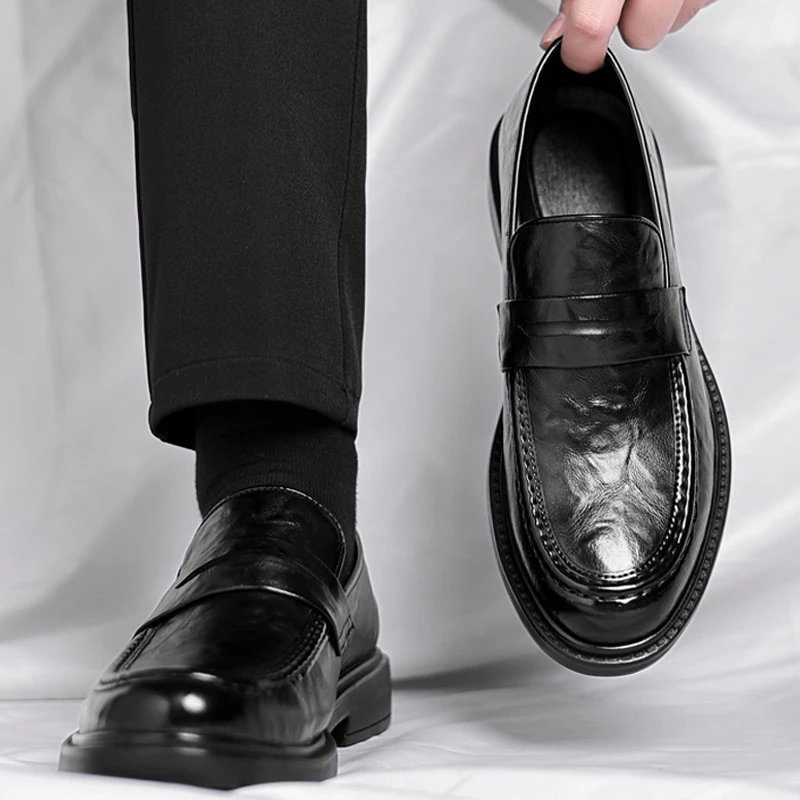 Mens Black Genuine Leather Wrinkle Penny Loafers Slip On Low Heel Business Formal Office Wedding Casual Dress Shoes Simple