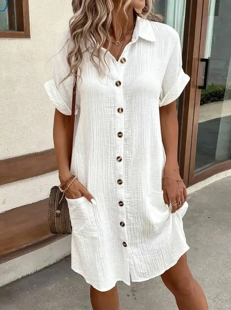 女性のファッションミニマリスト V ネックボタンアップドレスエレガントな女性コットンリネン白半袖ポケットカジュアルルーズシャツ QA3V