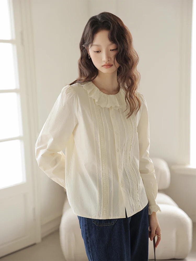 

Cherry Blossom Colored Lace Trim Blouse Women's Spring Autumn Korean Style Loose Fit Button up Inner Wear Layering Base Shirt