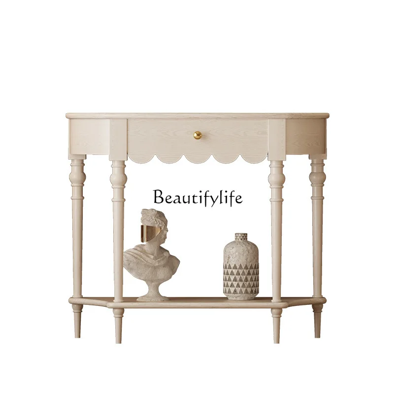 

Solid wood French cream wind entrance cabinet Semicircular entrance table Medieval light luxury side cabinet against the wall