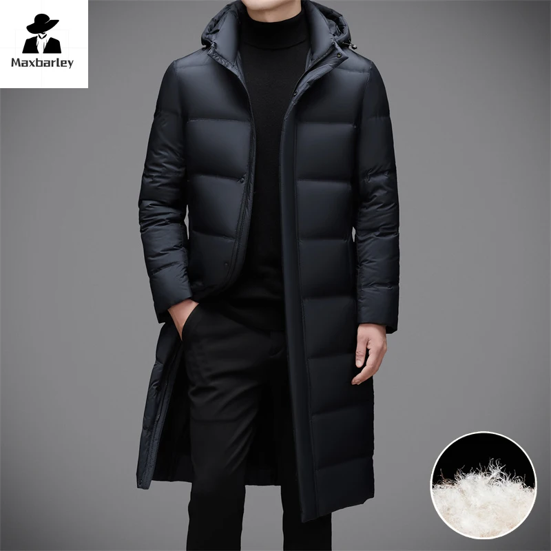 Winter New Men\'s Down Jacket Light Luxury Business Long Knee-length Thickened 95% Duck Down Parka British-style Warm Hooded Coat