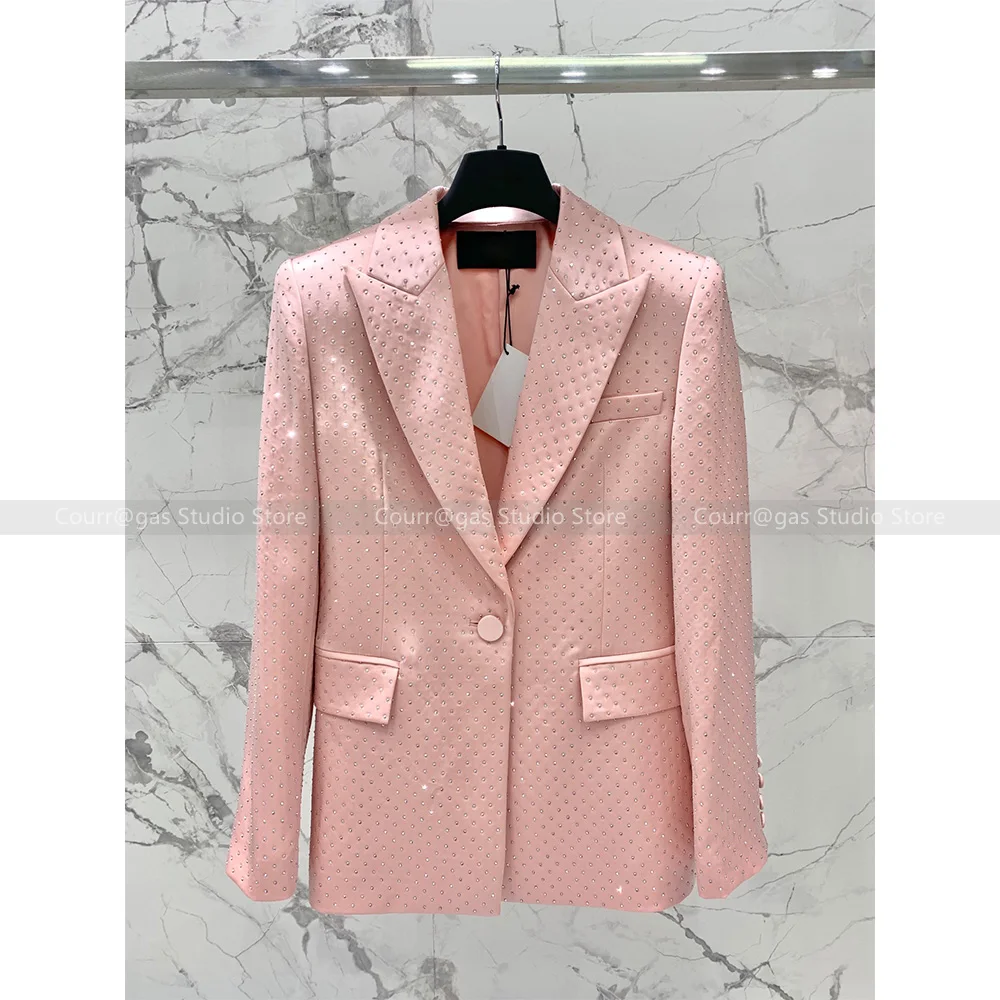 Early autumn new high-level sense of fashion pink lapel hot drill blazer + shorts two-piece suit female