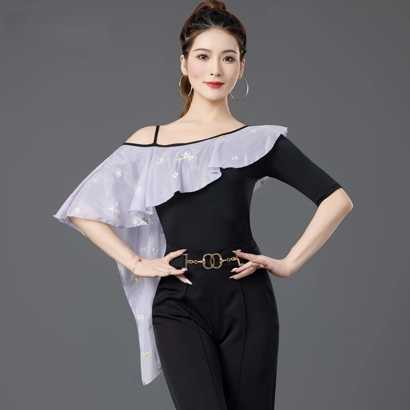 Latin dansjurk Topshirt Oefenjurk Nieuwe moderne dansjurk voor dames Vriendschapsdans Enkele schouder Mouw uit één stuk