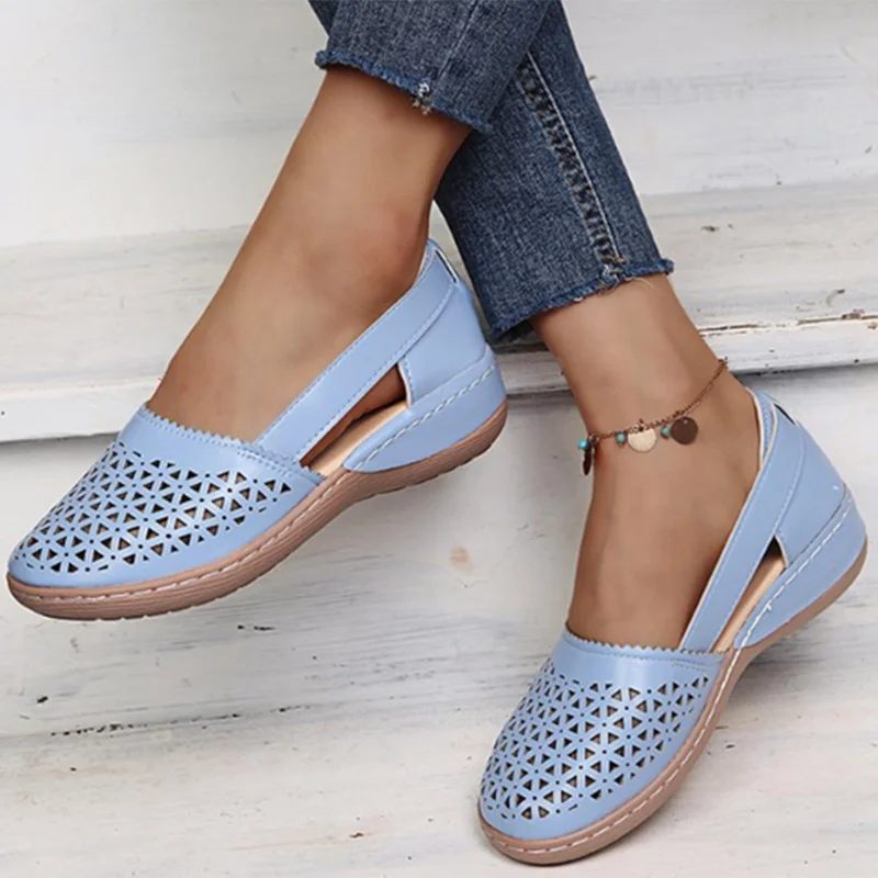 Rimocy Pink Leather Hollow Out Loafers Women 2022 Autumn Slip on Wedges Sneakers Women Plus Size 35-44 Casual Flats Shoes Woman