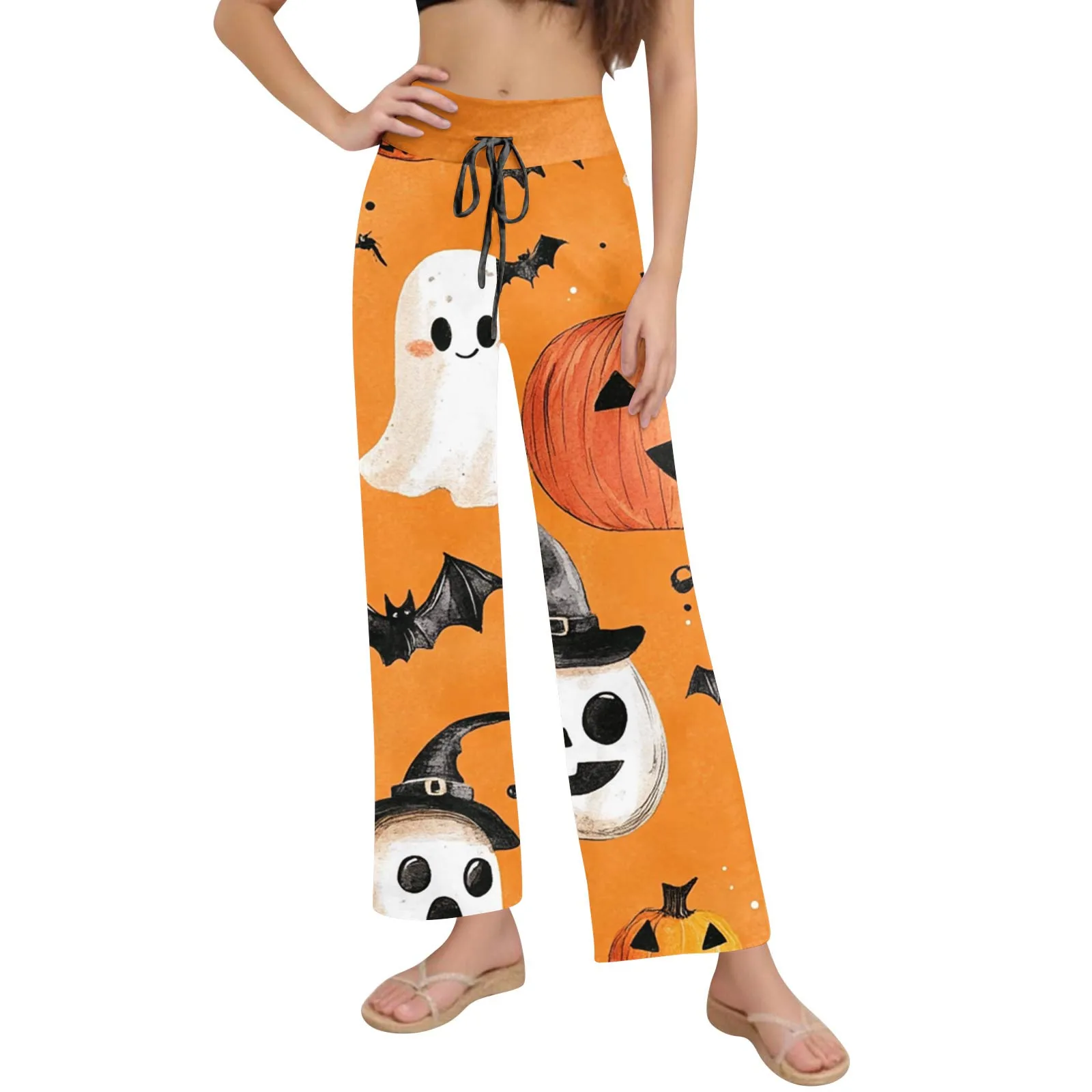 Women'S Comfortable Sleep Pants Halloween Print Drawstring Wide Leg Pants Y2k Cargo Pants Women Pantalones De Mujer Korean Fashi