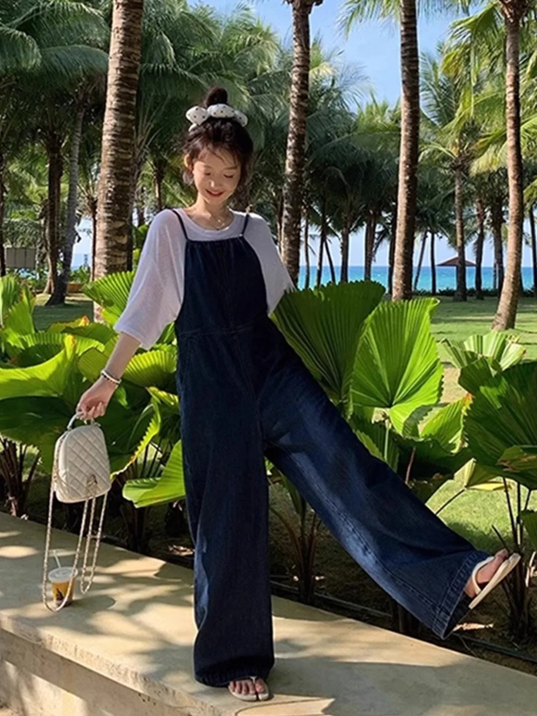 Retro Hong Kong Sle Casual Eendelige Broek Dames Zomer Losse Lange Denim Overalls Leeftijdverlagende Vloerlengte Broek