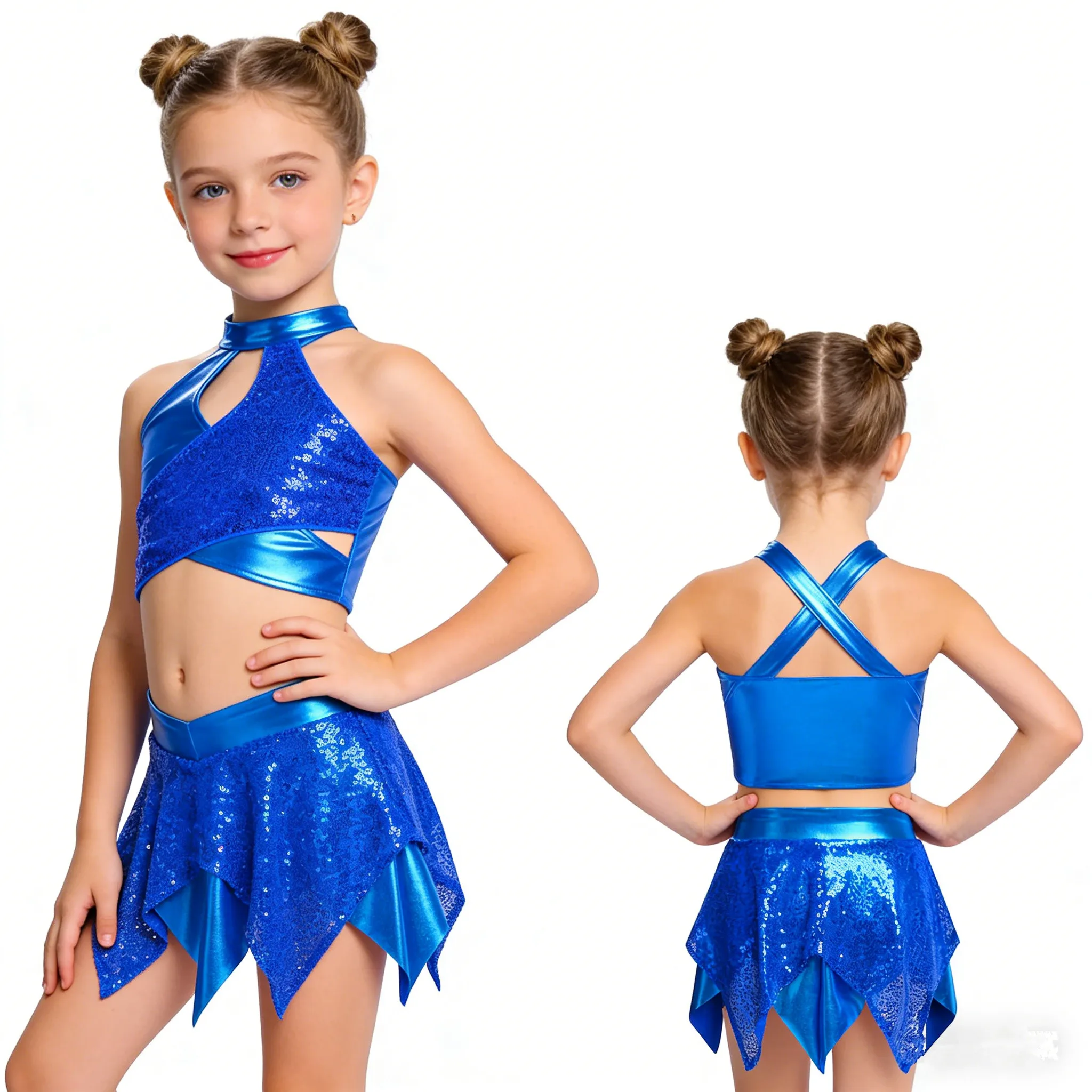 

Kids Girls Hip Hop Jazz Dance Costume Shiny Sequins Metallic Crop Tank Top with Culottes for Cheerleading Stage Performance