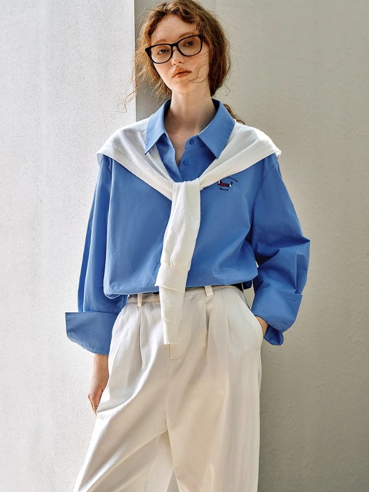 OLrain Women's 100% Cotton Blue Versatile Long Sleeve Shirt Autumn 2025 Office Commuter Elegant Casual Top O57QC95950