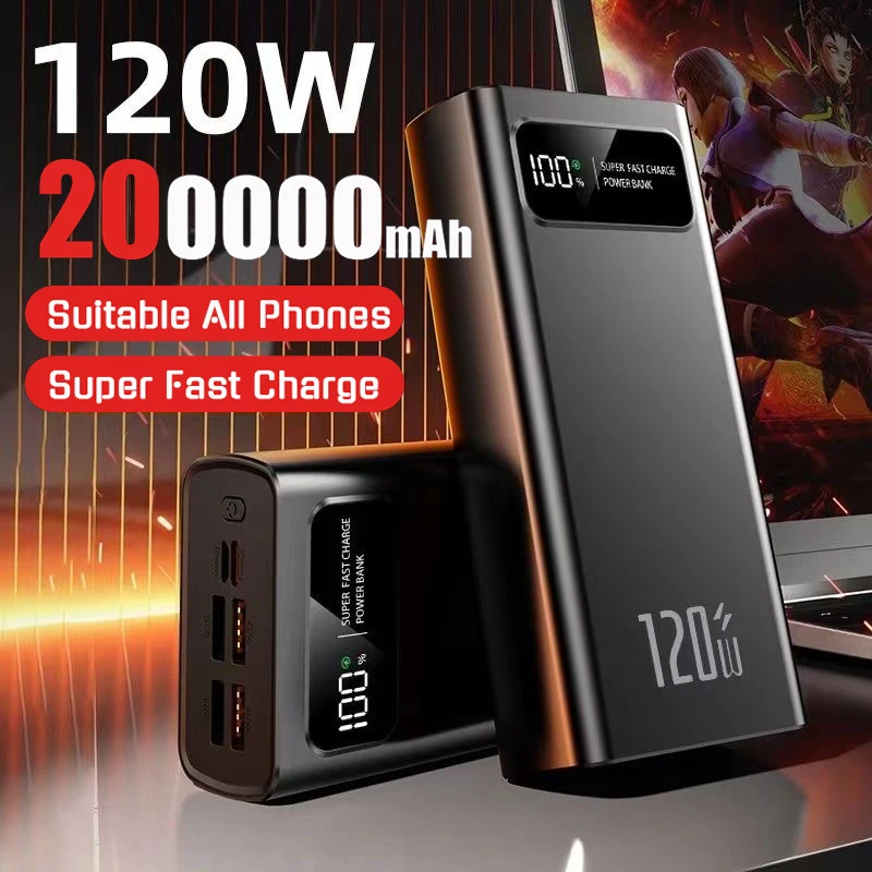 200000mAh Power Bank 120W Super Fast Charging Battery High Capacity Digital Display Power Bank For Iphone Samsung Xiaomi Huawei