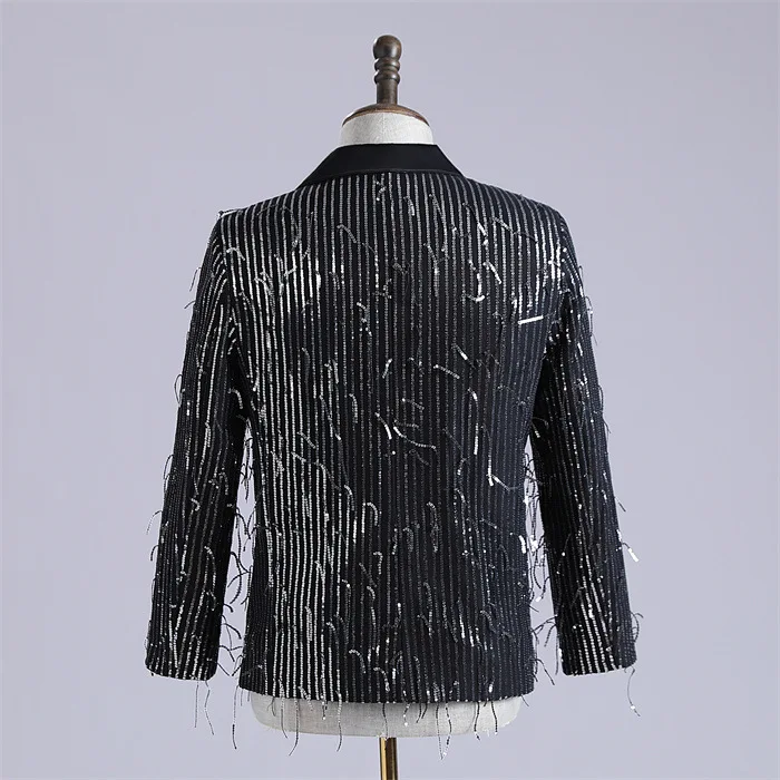Cor bloqueio Tassel Sequin terno jaqueta, cantor masculino, equipe de dança, palco desempenho roupas, banquete anfitrião traje