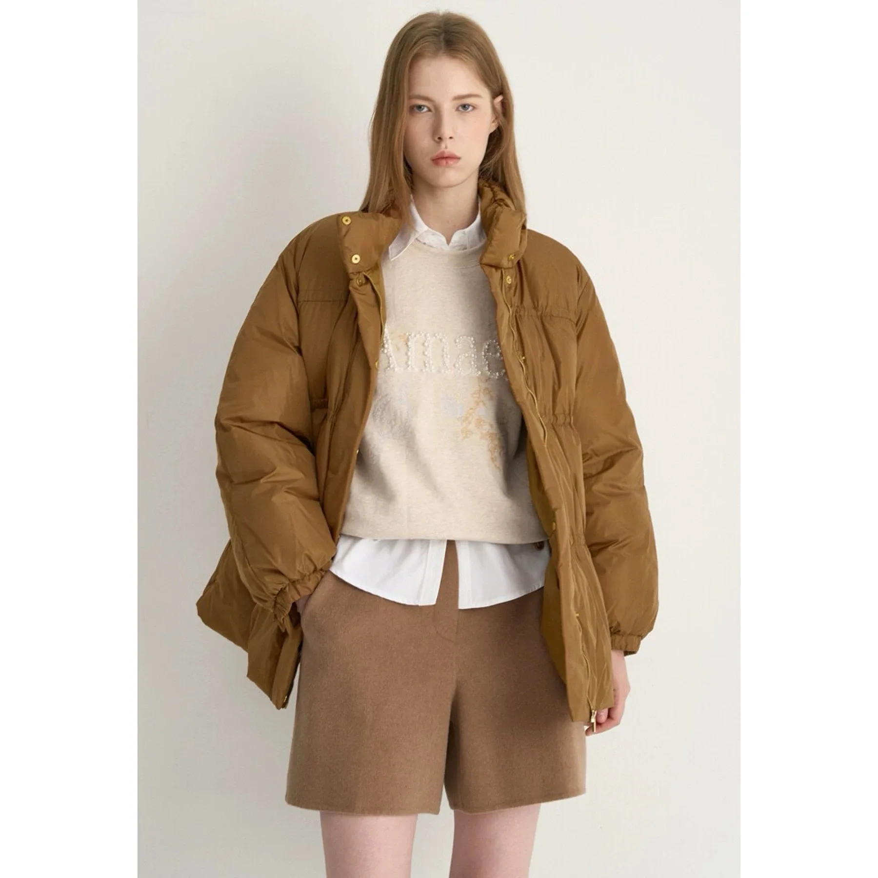 

Lemon Cheese MIN25 Winter ort Puffer Jaet Stand Collar Pleated Warm Versatile Goose down Coat for Women Commute Sle