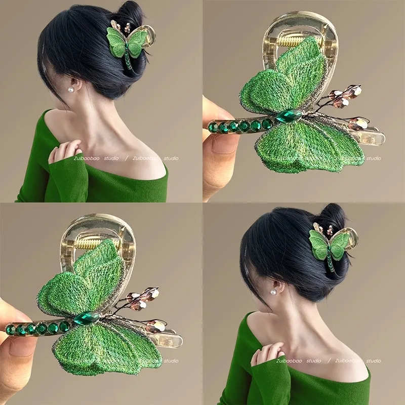 

Spring Butterfly Temperament Retro Style Embroidered Butterfly Grip Clip Back of Head Half Tied Shark Clip Hair Accessory