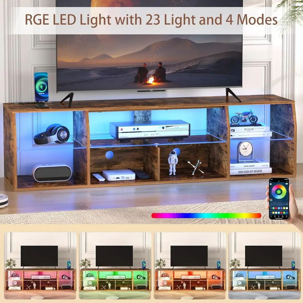 حامل تلفزيون LED مقاس 70 بوصة، مركز ترفيه مع منافذ طاقة، خزانة تلفزيون صناعية مع 7 أرفف تخزين مفتوحة، fo #3