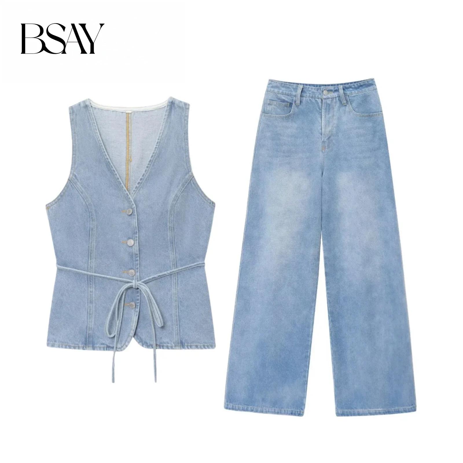 

BSAY denim vest style set 2025 summer new V-neck sleeveless lace up waist cinched denim vest or wide leg fashionable jeans