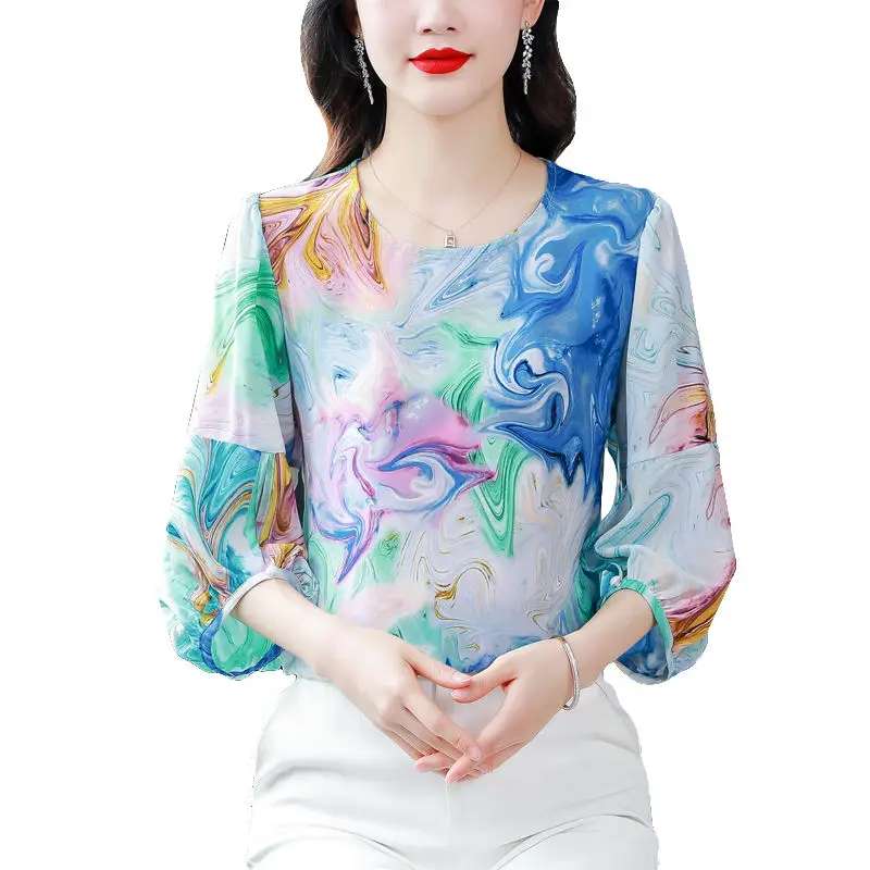 2023 New Summer Fashion Tie Dye Multicolor O-neck 3/4 Sleeve Blouse Ladies Simplicity Loose Printing Pullover Women\'s Shirt Tops