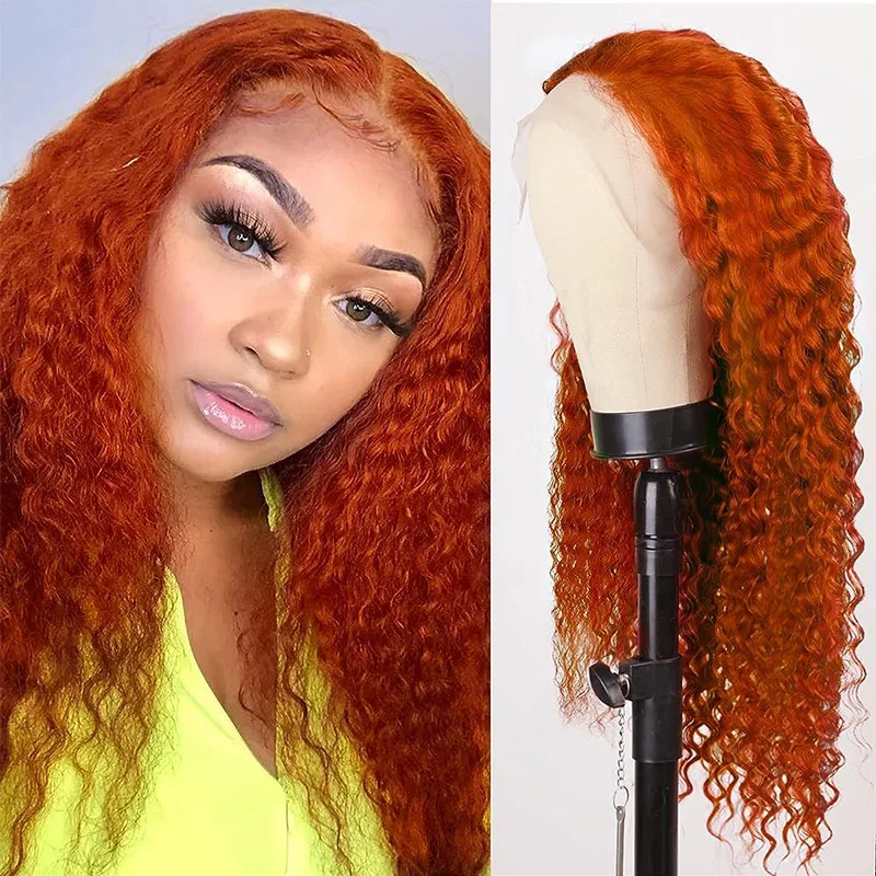 

Ginger colored deep wave wig 13x6 hd lace frontal human hair wig 100% Brazilian 40 inch lace front preplucked curly wigs on sale