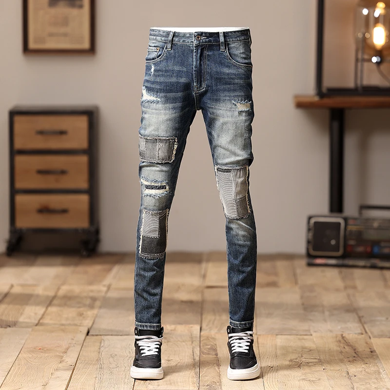 2024 New Ripped Jeans Men's American Retro Tight Straight Trend Stitching Spring and Autumn Pants Men