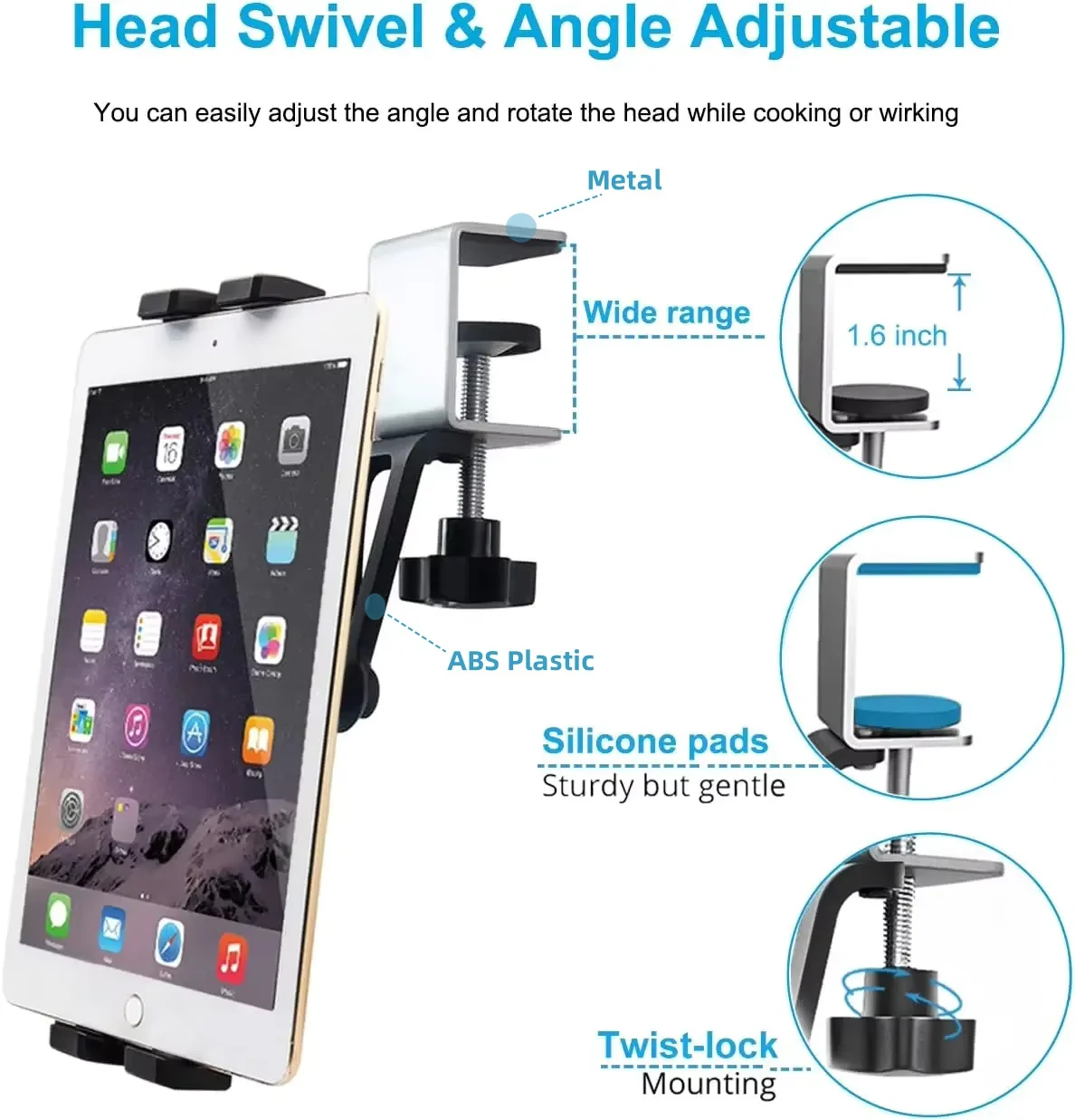 360° Rotation Under Cabinet Kitchen Tablet Phone Holder, Metal Stable Clamp Mount Stand for 4-13'' Universal Tablets Phones
