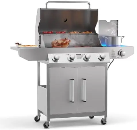 4 Burner Propane BBQ Grill with Side Burner, Stainless Steel Gas Grill with Built-in thermometer, 58,000 BTUs Output