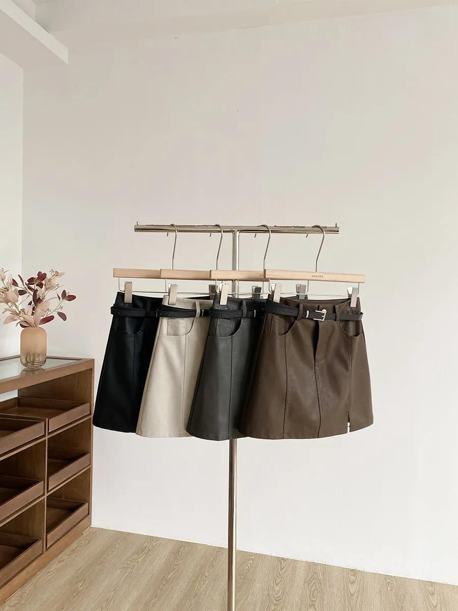 

Юбка-трапеция из искусственной кожи с высокой талией для женщин, с поясом, модная, с разрезом, для офиса, с эффектом стройности