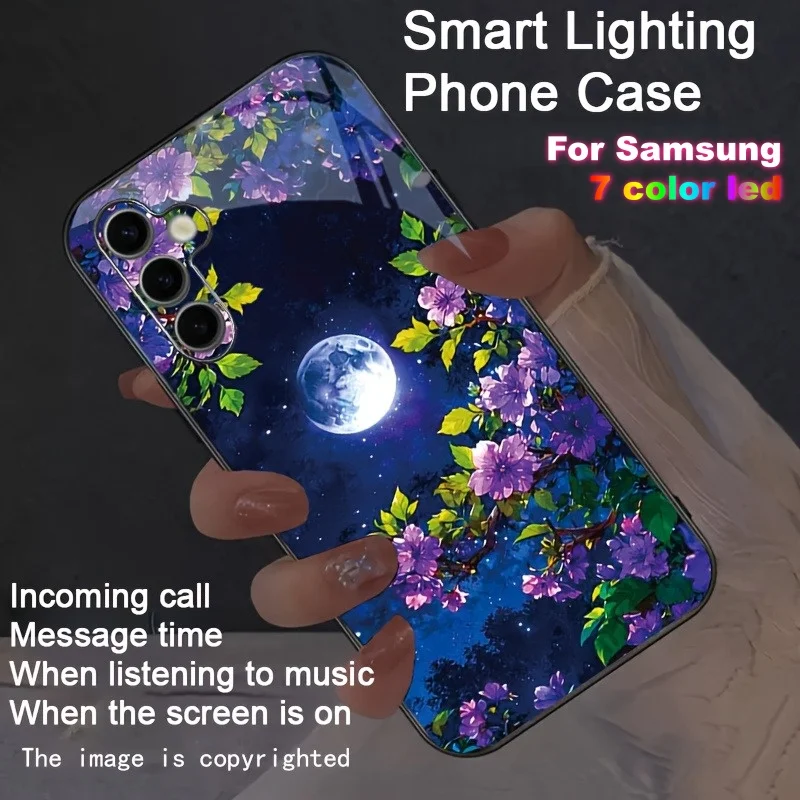 

Purple Flower Night Glow Moon Light Flash Cases For Samsung S25 S24 S23 S22 S26 Ultra Zfold 4 5 6 7 Z flip7 Luminous Back Cover