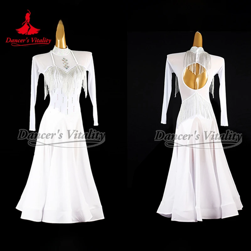 หญิง Waltz Foxtrot Tango ชุดสังคมเต้นรําแขนยาวสีขาวคอ Big Swing ชุดผู้ใหญ่ห้องบอลรูมเสื้อผ้าปรับแต่ง