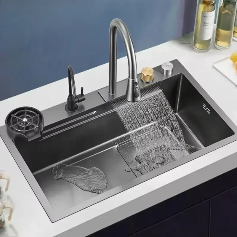 

Top Quality Black Multifunctional SUS 304 Double Bowl Waterfall Modern Kitchen Sink with Faucet