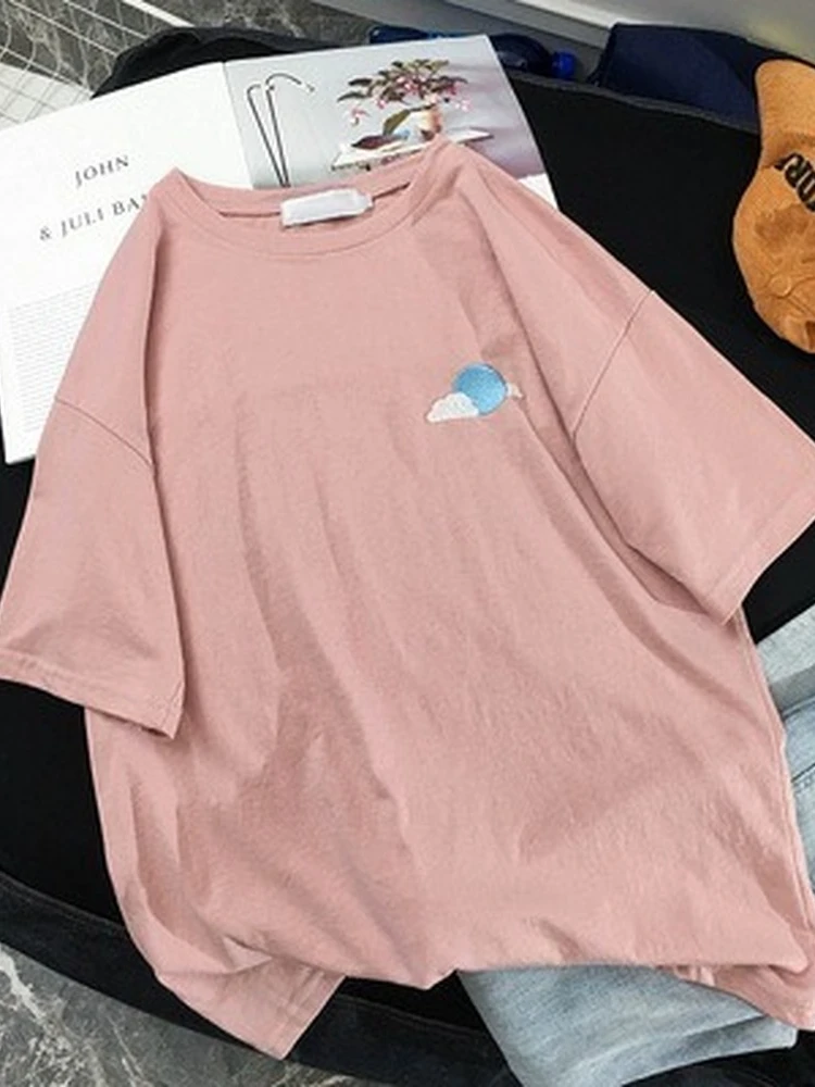 الكورية الطقس التطريز فضفاض الأساسية تي شيرت الصيف قصيرة الأكمام بسيطة تي شيرت للنساء harajuku Kawaii مضحك طالب التي شيرت
