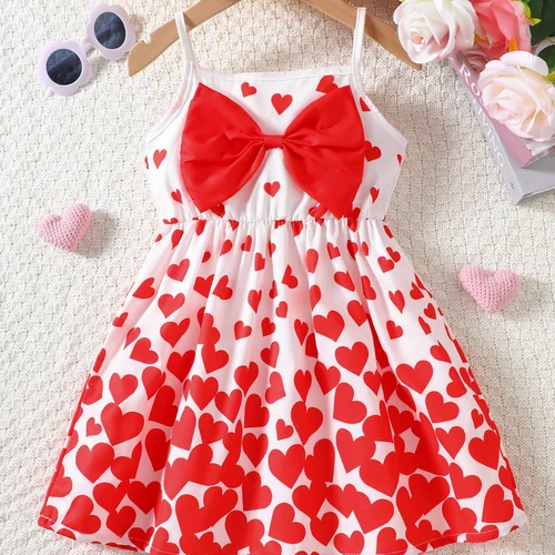 여아용 민소매 원피스, 하트 모양 프린트 원피스, 활 원피스, 피부 친화적 소재, 4-7 세용, 여름 
