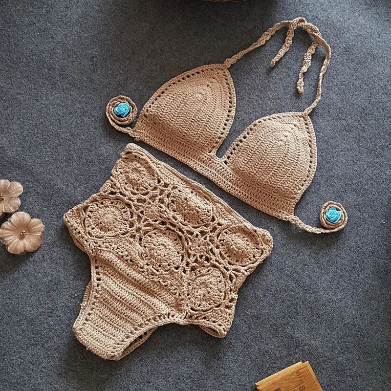 Nuevo conjunto de Bikini tejido para vacaciones 2025, Bikinis con cuello Halter de cintura alta para mujer, traje de baño para mujer, traje de baño Bandage para mujer, Bikini