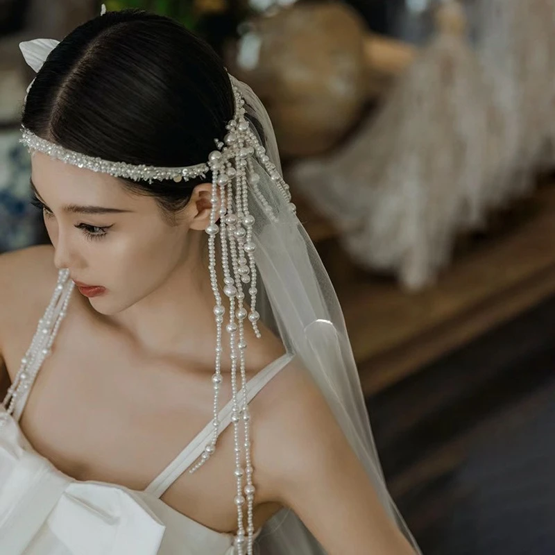 French bridal wreath pearl fringed hair band veil three-dimensional flower edge clip head jewelry