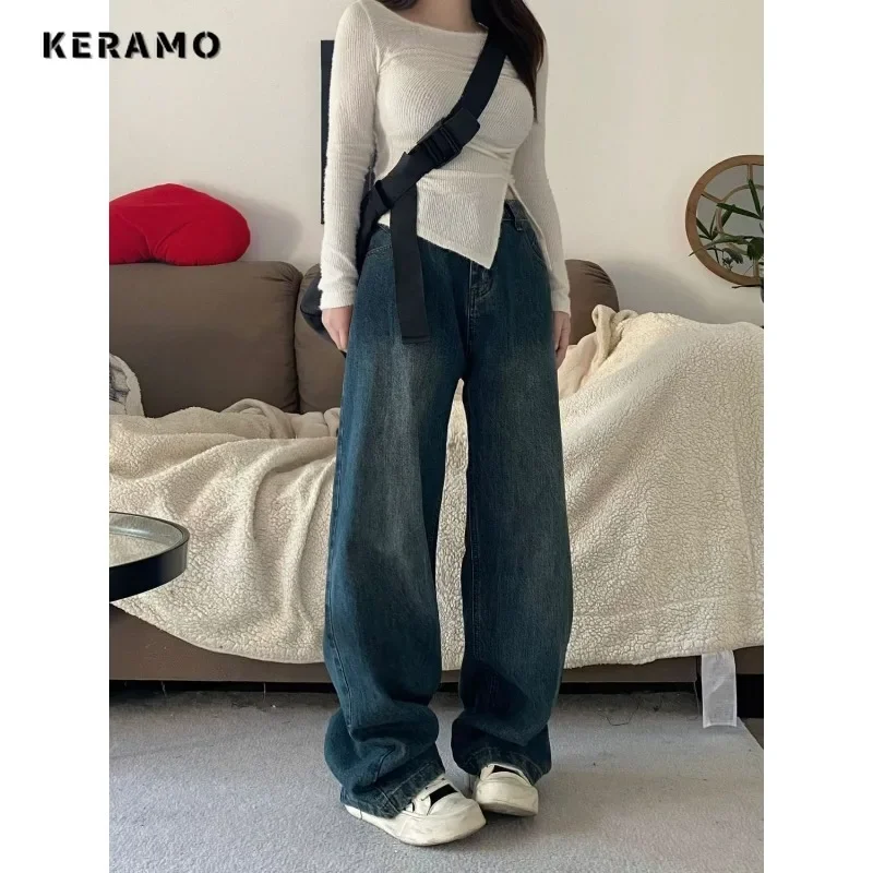 Korean Vintage Fashion High Waist High Street Style Blue Straight Jeans Women's Pants Wide Leg Baggy Y2K Female Denim Trouser