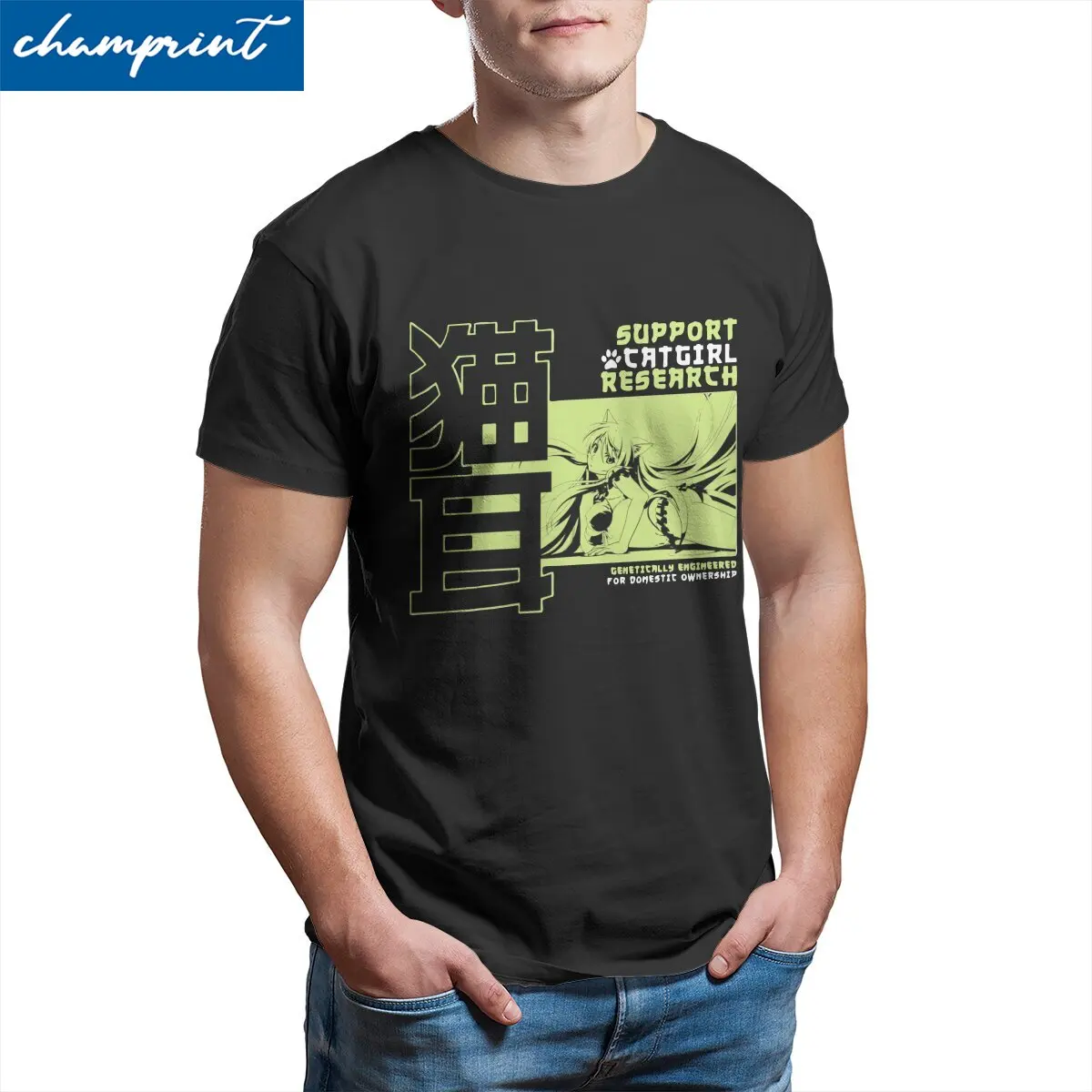 تي شيرت رجالي يدعم Catgirl البحوث قطن تي شيرت Monogatari لطيف القط فتاة في نهاية المطاف Waifu تي شيرت Crewneck الملابس هدية فكرة