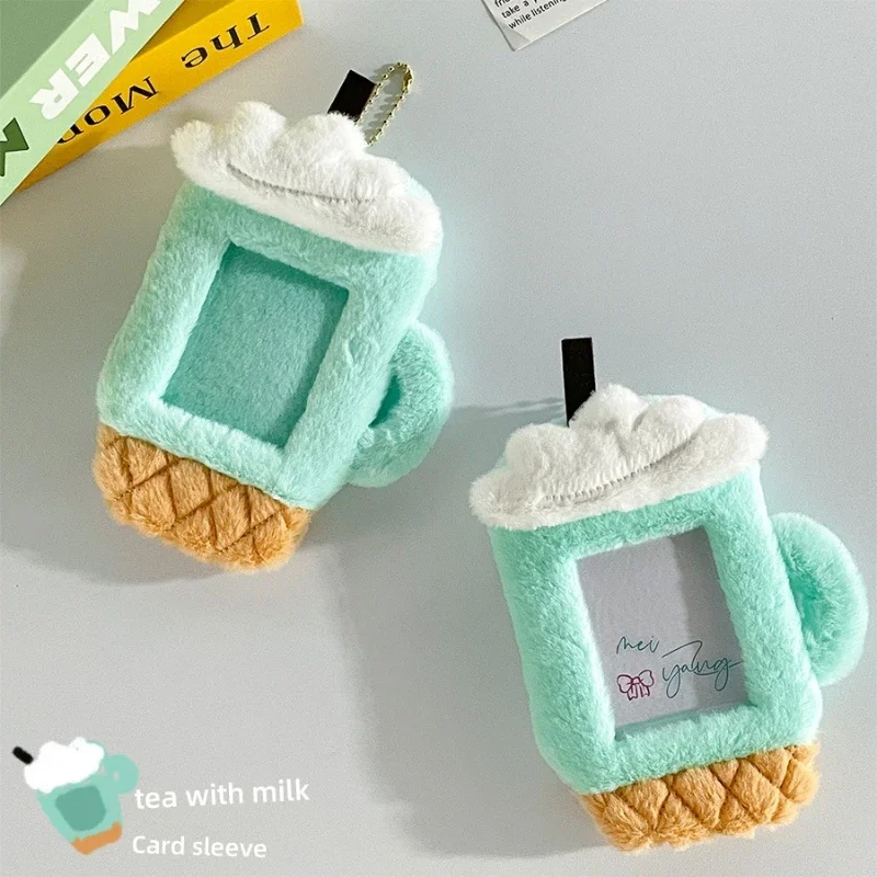 Cute Ice Cream Milk Tea Plush Photo Card Holder Pink Baby Bottle Photo Frame Kawaii Photocard Sleeve for Bag Pendant Wholesale