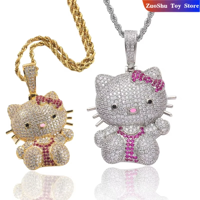 

Мультяшное периферийное ожерелье с изображением котенка и кота в стиле хип-хоп, милый модный индивидуальный микронабор для пары, ожерелье с цирконием, тонкая пара, подарок на день рождения