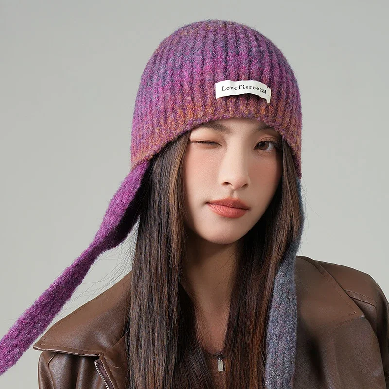 Gorro de vuelo degradado para mujer, gorro de lana con personalidad, Color contrastante, protección para los oídos, frío, Invierno