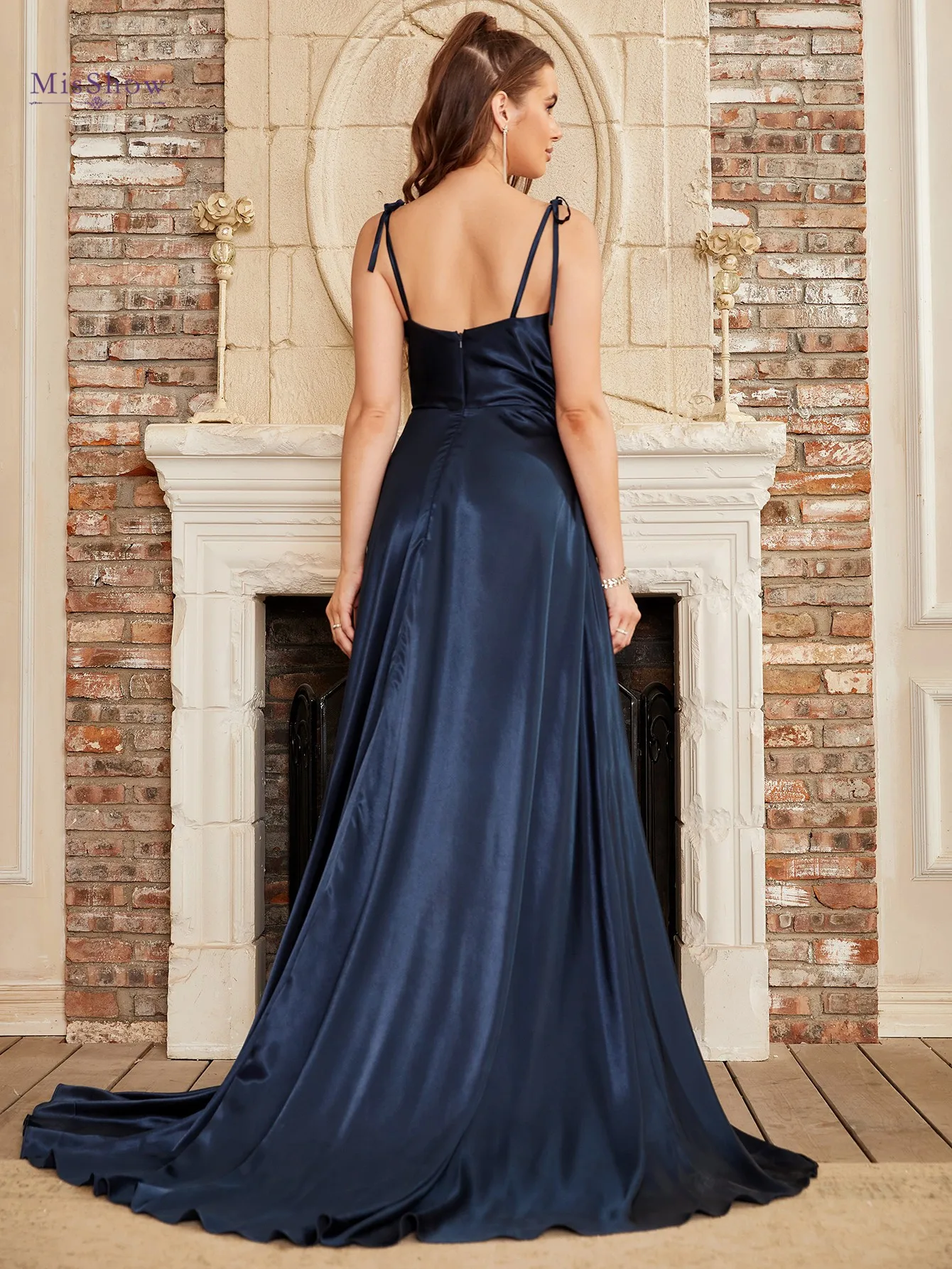 Navy Blue Spaghetti Straps A-Line Side Slit Sleeveless Satin Long Bridesmaid Dresses Women Elegant Formal Prom Party Gowns