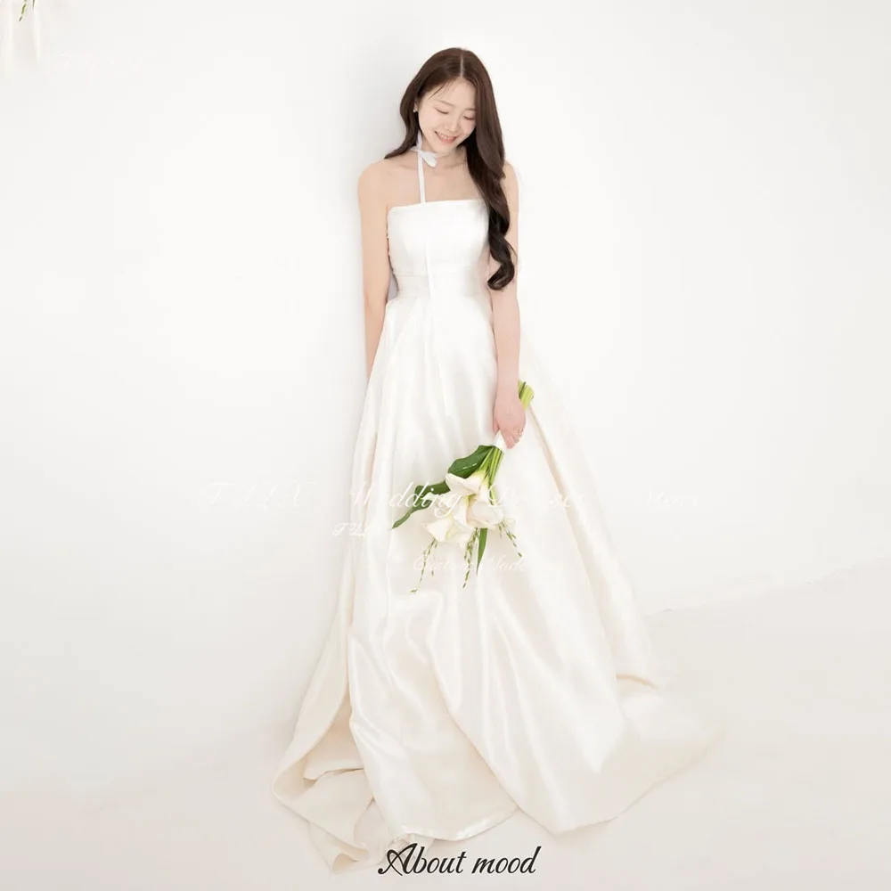 TULX-vestido de novia de satén marfil sencillo, sesión de fotos de Corea, sin tirantes, sin mangas, largo hasta el suelo, corsé, vestidos de novia personalizados