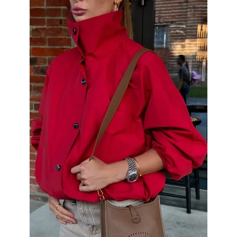 

2025 AliExpress Autumn New Women's High Collar Button Solid Color Long Sleeve Jacket