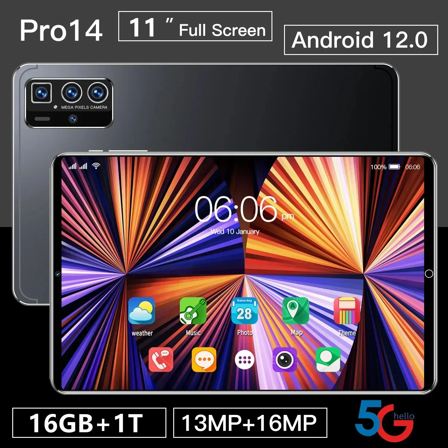 

2024 Global Version 11 Inch Pro 14 Tablet Android12 16GB 1T 12000mAh Dual SIM 10 Core Bluetooth 5G Network GPS WPS Tablet PC