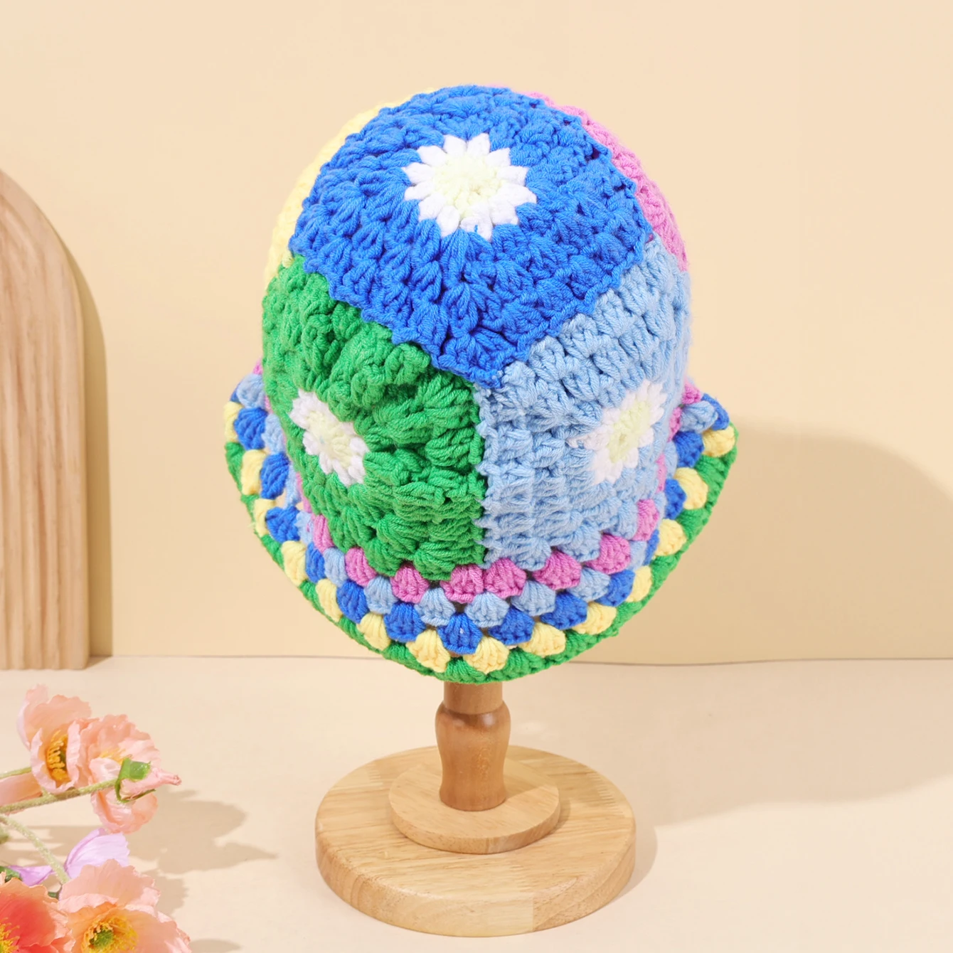 قبعة حوض محبوكة مصنوعة يدويًا على شكل زهرة مجوفة للنساء، قبعة صياد السمك متعددة الاستخدامات للخريف/الشتاء، تظليل الشمس #3
