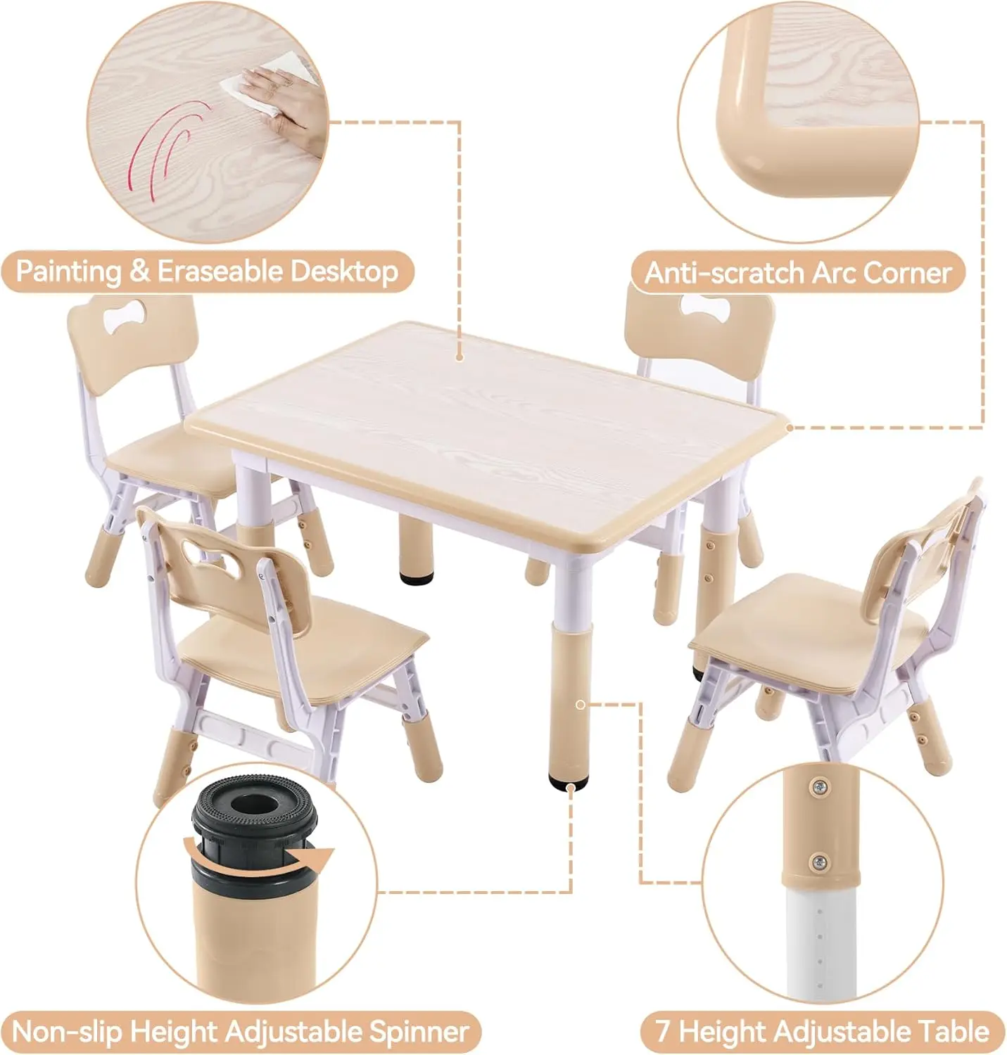 Kids Table and 4 Chairs Set, Toddler Table and Chair Set with Graffiti Desktop, 31.5''L x 23.6''W Children Activity Table