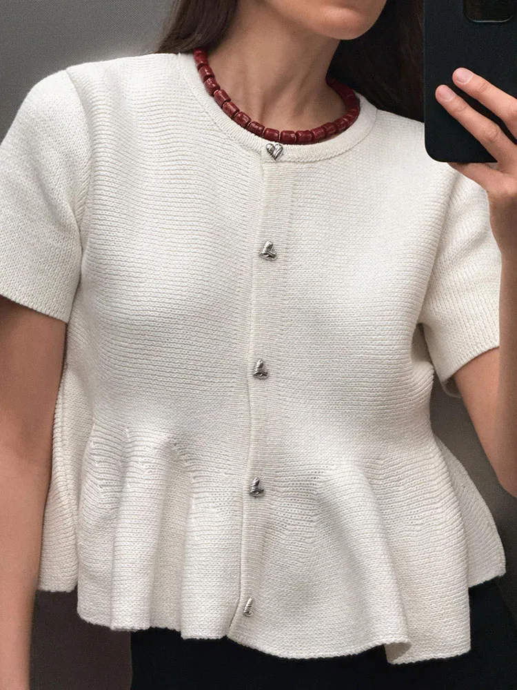 패셔너블한 짧은 치마 스타일 니트 재킷 라운드 넥 반팔 여성 신상 아우터웨어 출퇴근 스타일 여름 2025