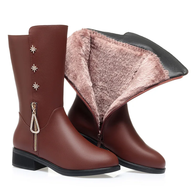 

2026 3.5cm All Match Comfortable Block Square Heel Platform Shoes Winter Boots Womens Soft Leather Botas Warm Thick Fur Boots