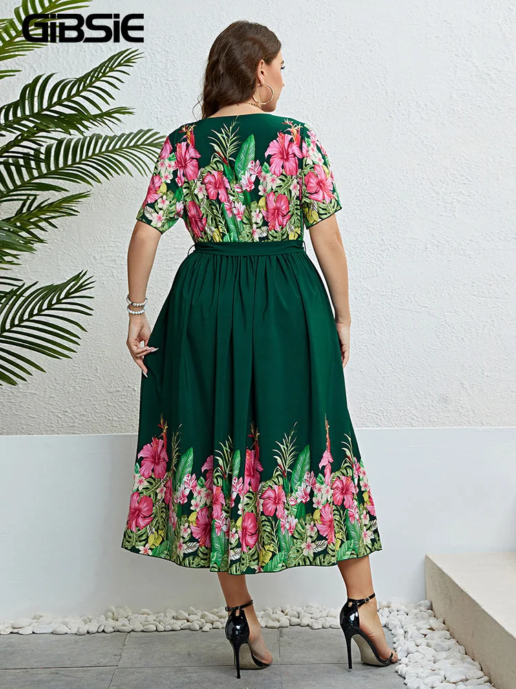 GIBSIE Plus Size Floral Print O-Neck Vintage Belted Dress Women Holiday Boho Summer High Waist A-line Casual Long Dresses 2023