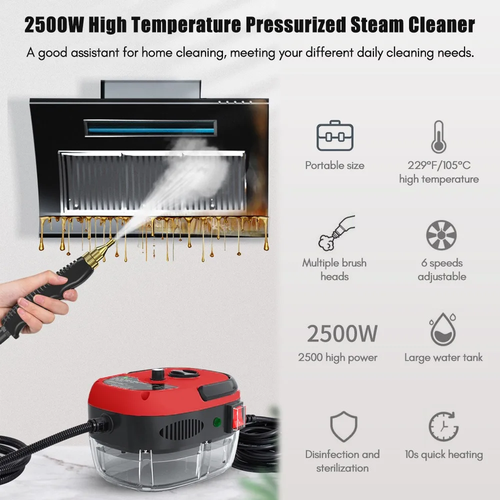 2500W Portable Handheld Steam Cleaner High Temperature Pressurized Steam Cleaning Machine with Brush Heads for Kitchen Cleaning