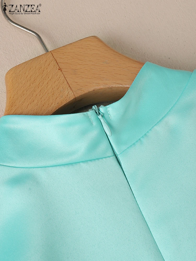 Zanzea elegante gola manga curta camisas de cetim feminino verão trabalho ol blusa moda fino ajuste festa túnica topos streetwear