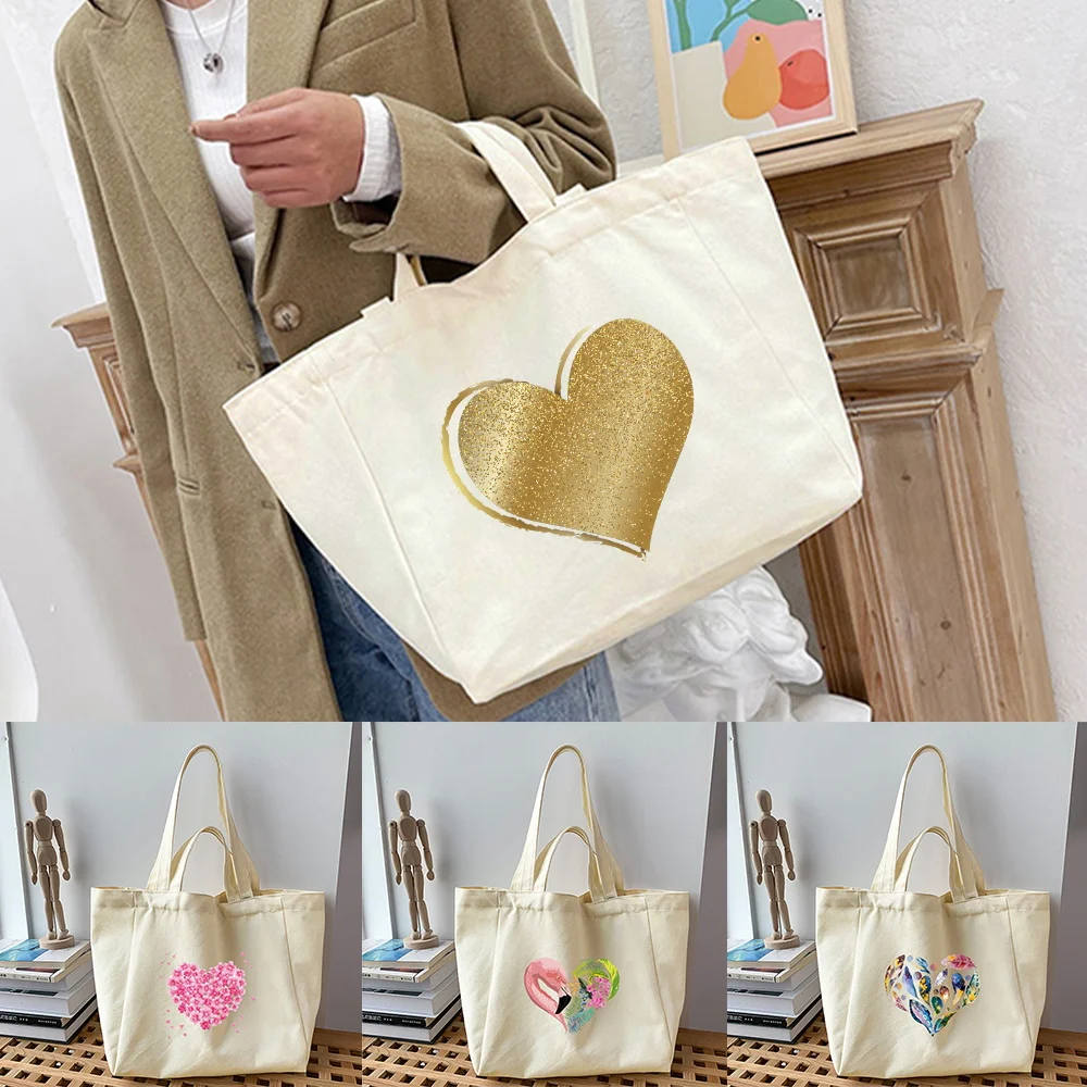 

Women Shopping Bags Canvas Shoulder Bag Love Pattern Shopping Bags Students Book Bag Cloth Handbags for Girls New 2026 Tote Bags